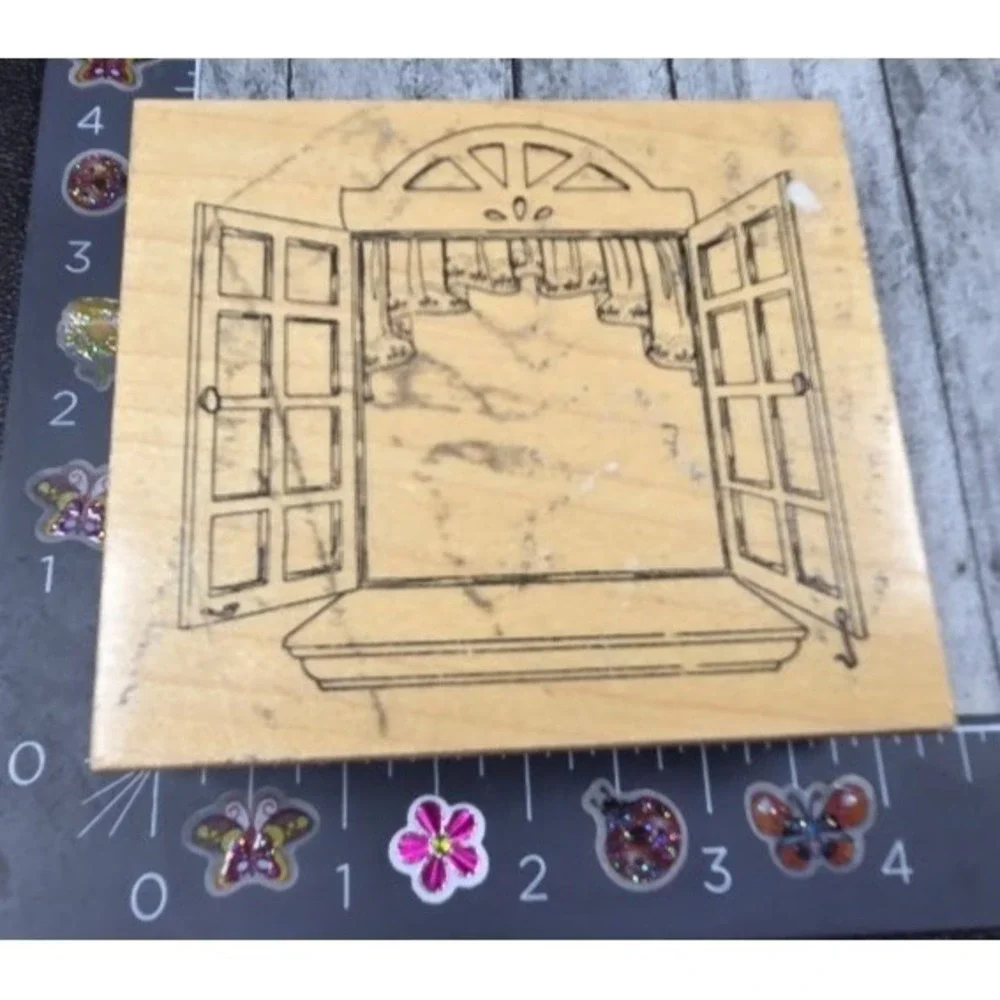 Art Impressions Open Window Curtains Shutters Rubber Stamp Wood #D15